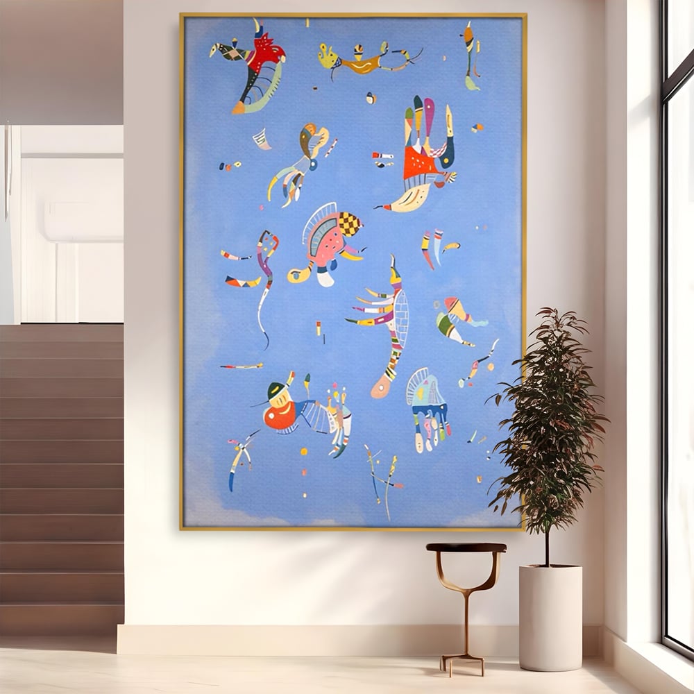 Tablou canvas cu tablou canvas cu animale acvatice stilizate, in rama de aluminiu auriu